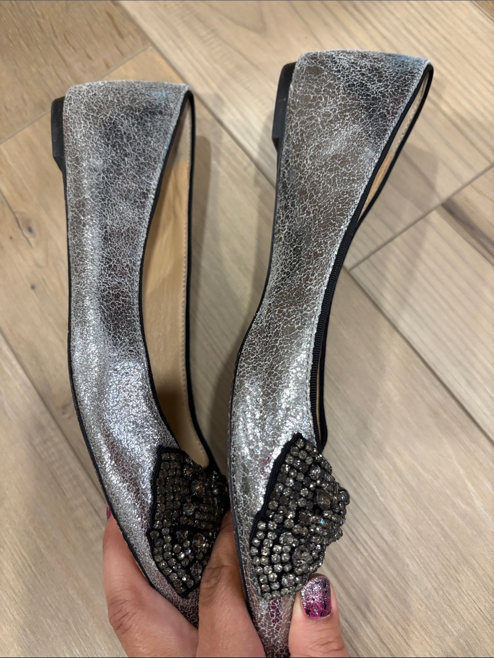 TORY BURCH Vanessa Metallic Crystal Bow Tie Leather Pointed Flats Shoes 10.5 - Picture 7 of 8